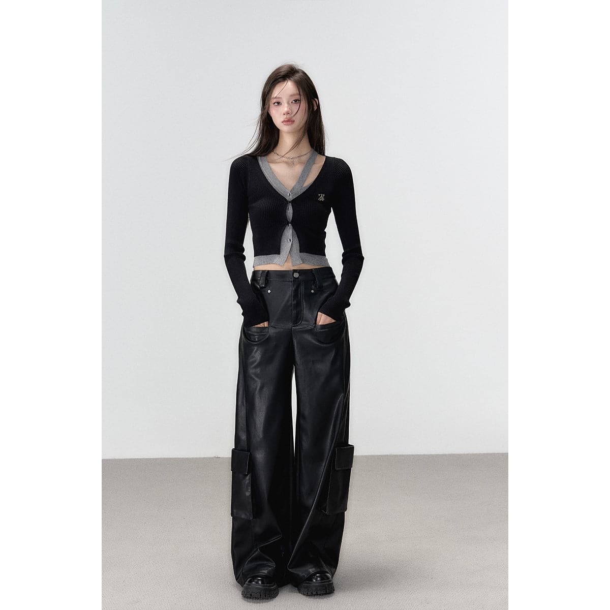Black Hollow Out Knit Cardigan - 2-piece Design