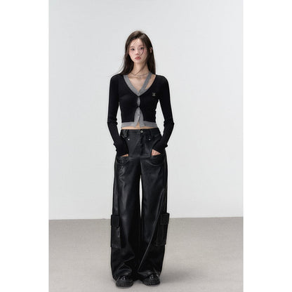 Black Hollow Out Knit Cardigan - 2-piece Design