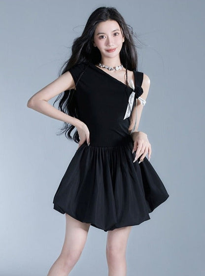 Off-shoulder Black Mini Dress With Contrast Bow Detail