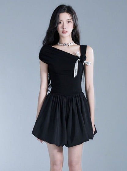 Off-shoulder Black Mini Dress With Contrast Bow Detail