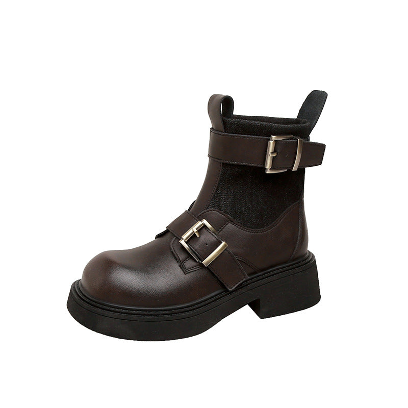 British Style Retro Belt Buckle Chunky Boots