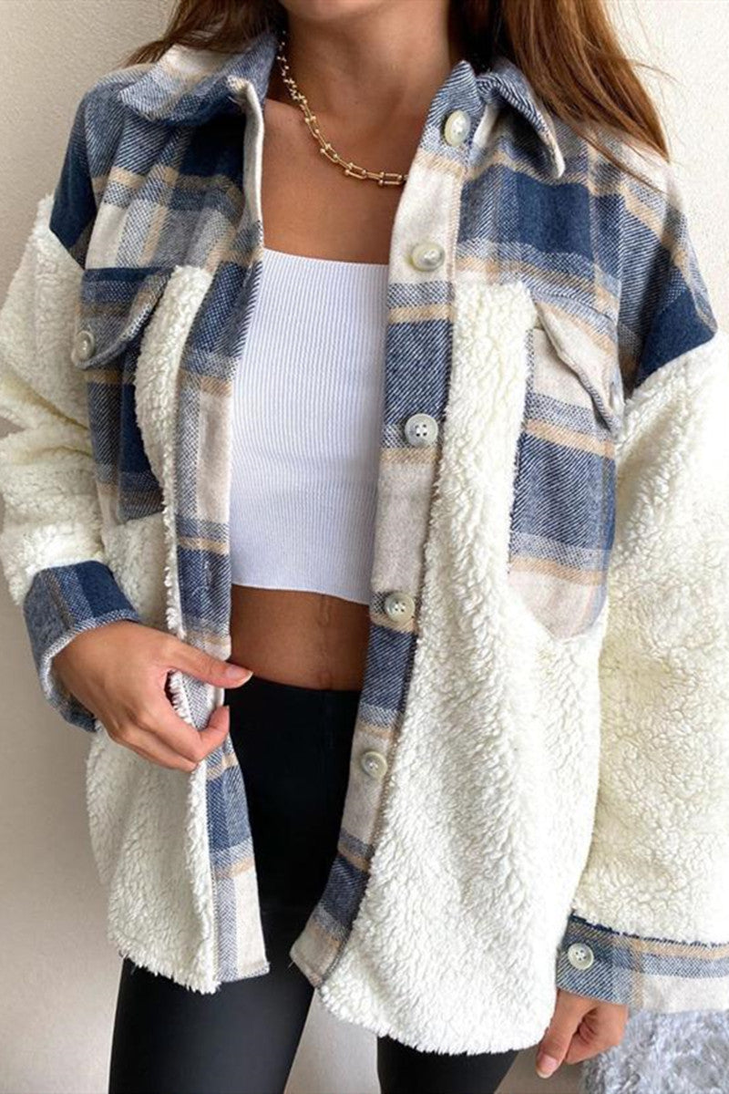 Plaid Print Patchwork Cardigan Turndown Collar Outerwear(4 Colors)