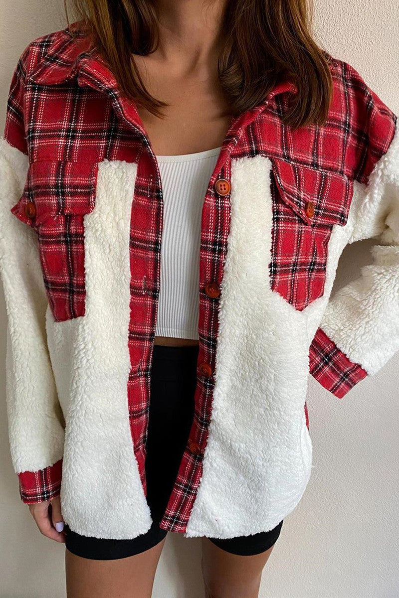 Plaid Print Patchwork Cardigan Turndown Collar Outerwear(4 Colors)