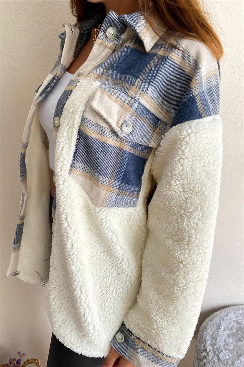 Plaid Print Patchwork Cardigan Turndown Collar Outerwear(4 Colors)