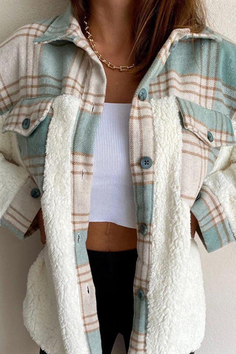 Plaid Print Patchwork Cardigan Turndown Collar Outerwear(4 Colors)