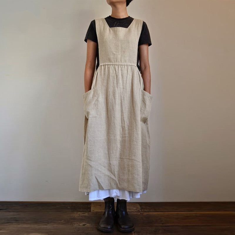 Cotton Linen Apron High Waist Long Circumference Home Wear Loose Maxi Dress