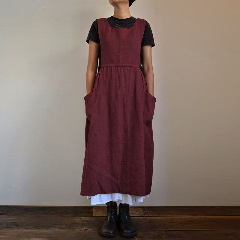 Cotton Linen Apron High Waist Long Circumference Home Wear Loose Maxi Dress