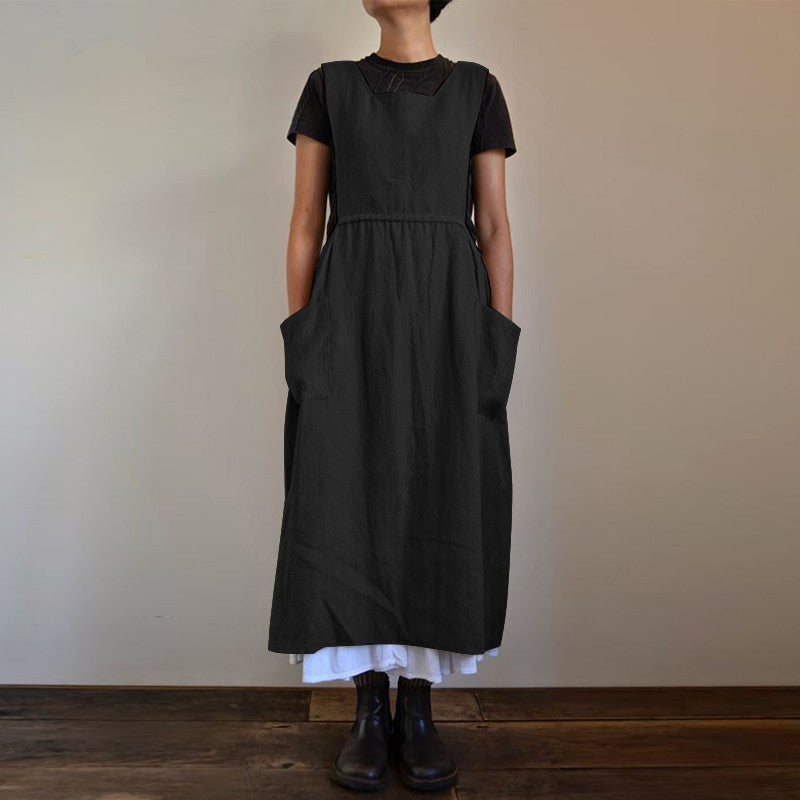 Cotton Linen Apron High Waist Long Circumference Home Wear Loose Maxi Dress