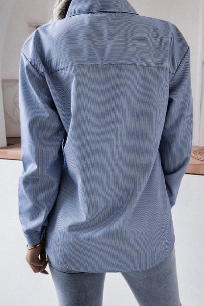 Striped Turndown Collar Blouses