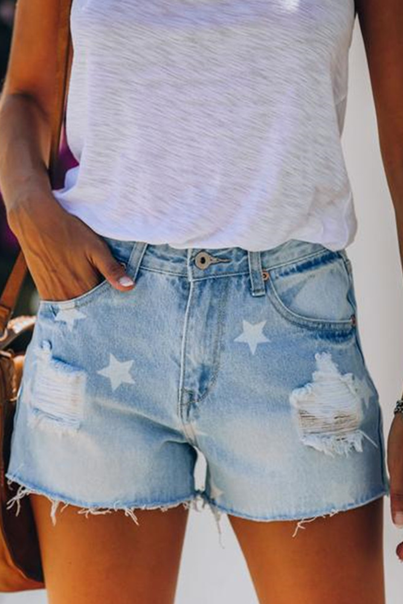 Street Daily Print the Stars Tassel Ripped Make Old Regular Denim Shorts