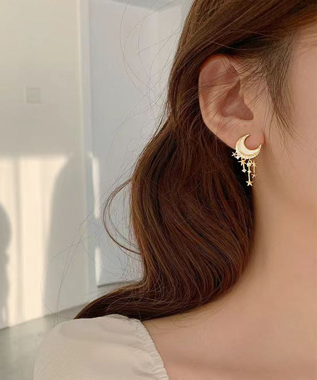 Gold Sterling Silver Overgild Zircon Moon Star Drop Earrings