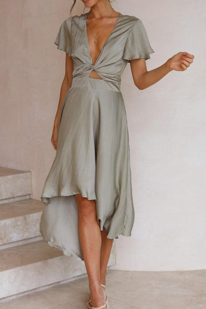 Knotted With Belt V Neck Irregular Maxi Dresses