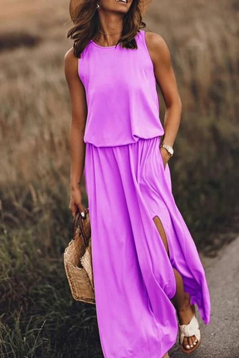 Slit O Neck Waist Skirt Dresses(8 Colors)