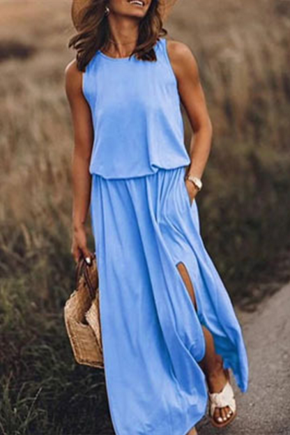Slit O Neck Waist Skirt Dresses(8 Colors)