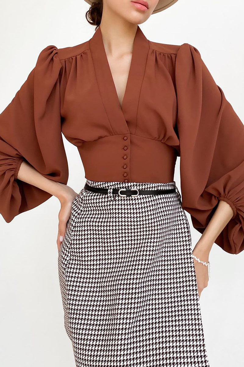 Street Patchwork V Neck Blouses