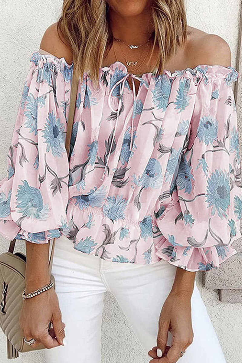 Sweet Print Patchwork Off the Shoulder Blouses(4 Colors)