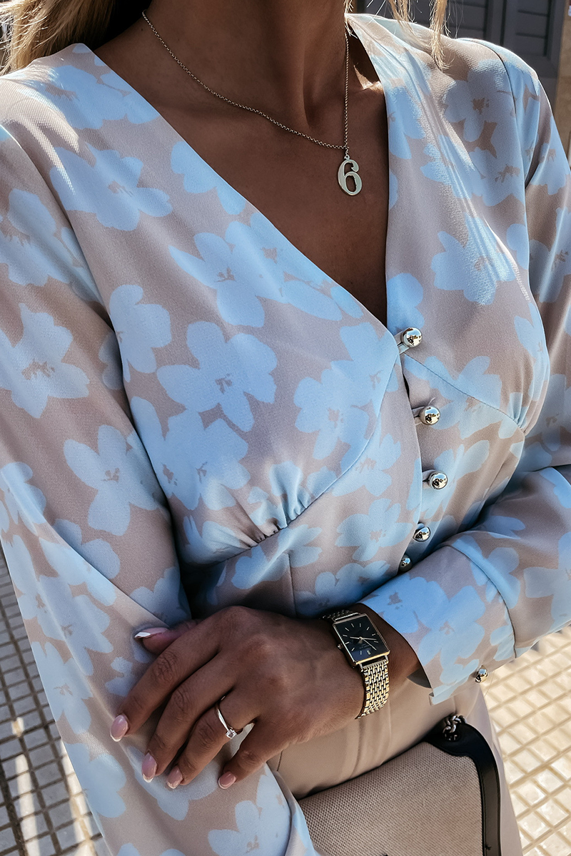 Print Patchwork Buckle V Neck Blouses (3 Colors)