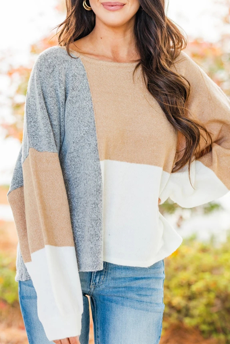 Patchwork Contrast O Neck Tops Sweater