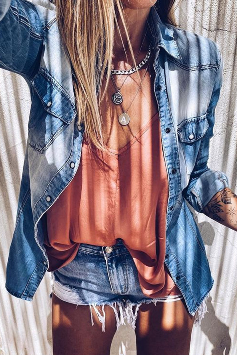 Patchwork Pocket Buckle Turndown Collar Blouses