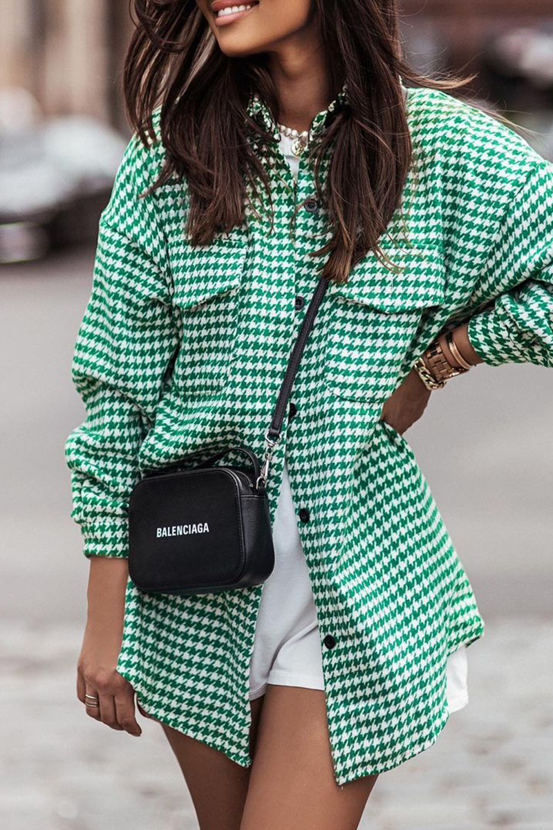 Plaid Pocket Buckle Turndown Collar Blouses (3 Colors)