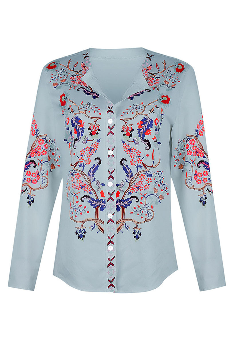 Street Print Patchwork Mandarin Collar Blouses(3 Colors)