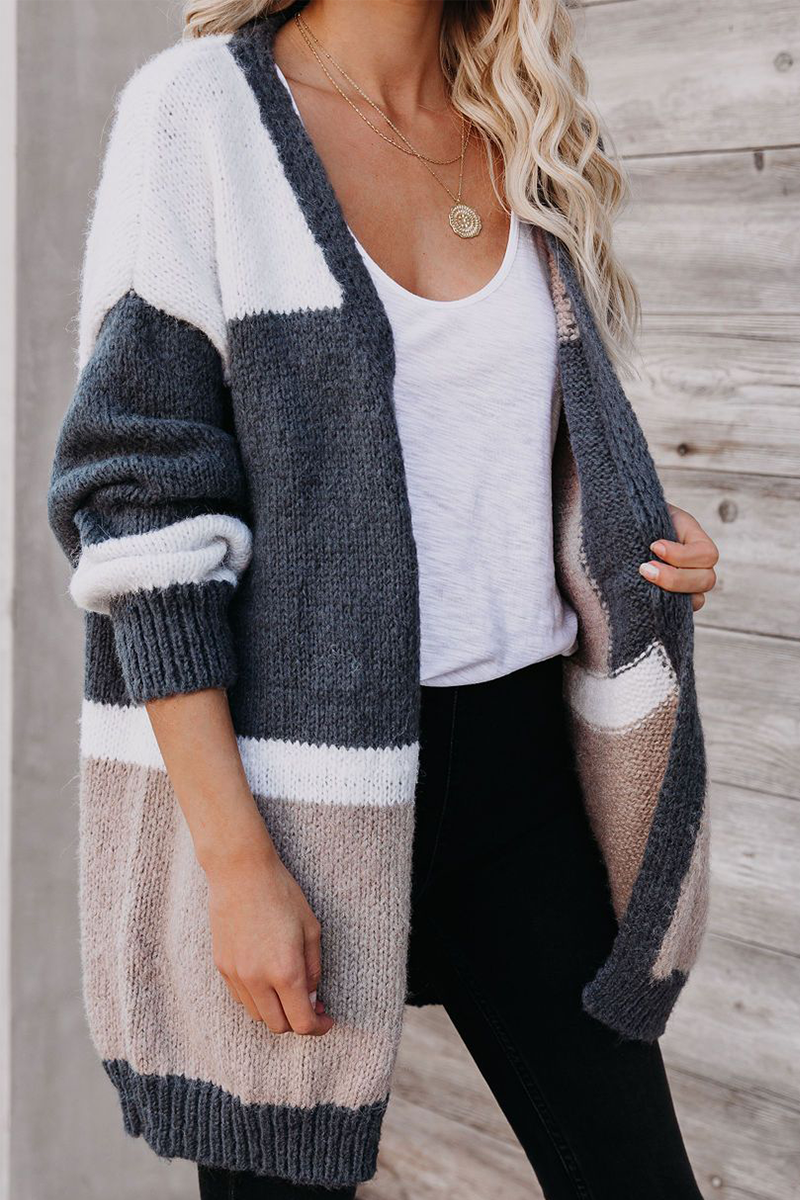 Color Lump Patchwork V Neck Cardigans