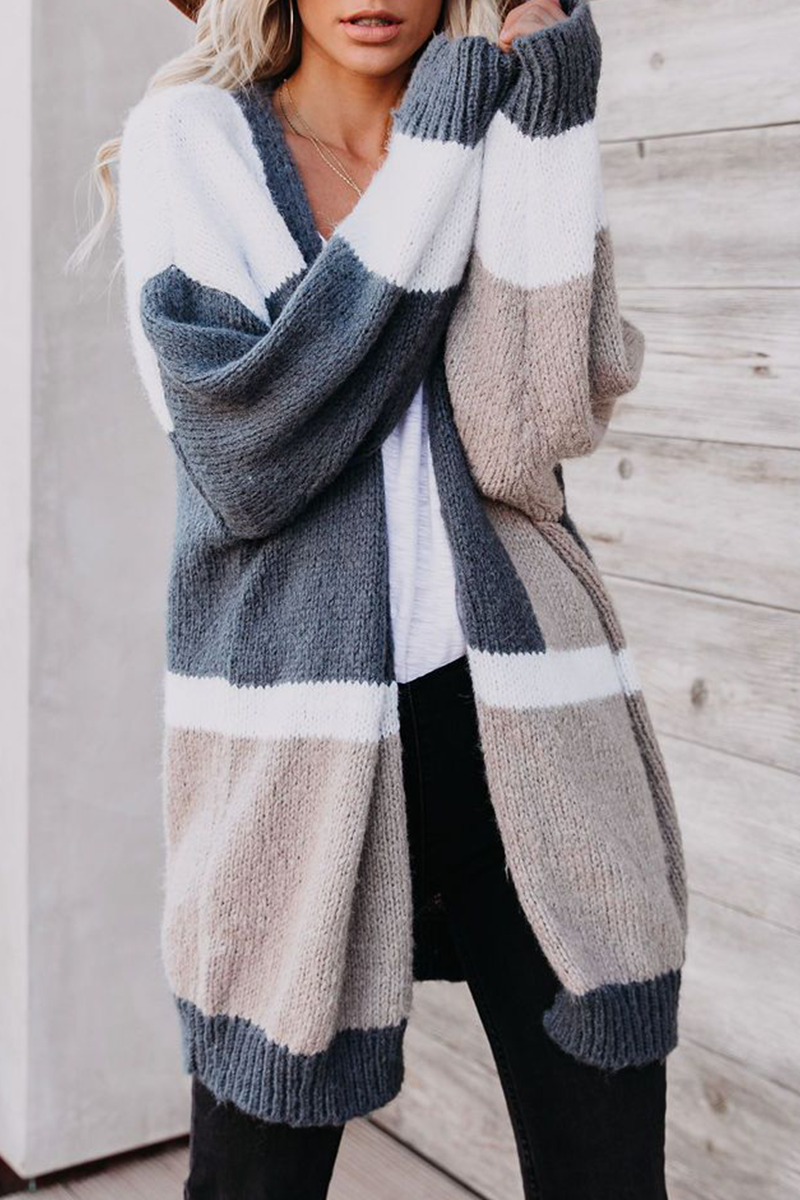Color Lump Patchwork V Neck Cardigans