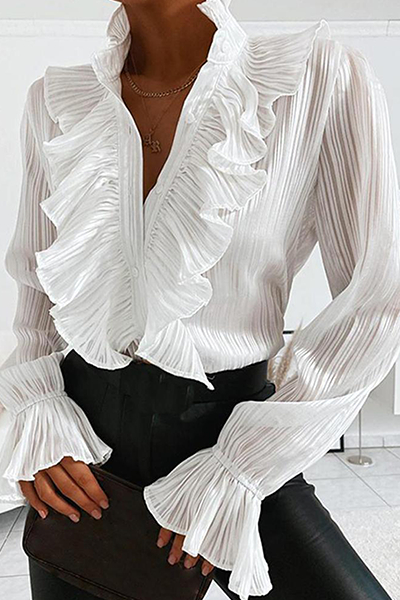 Buckle Flounce Mandarin Collar Blouses (4 Colors)