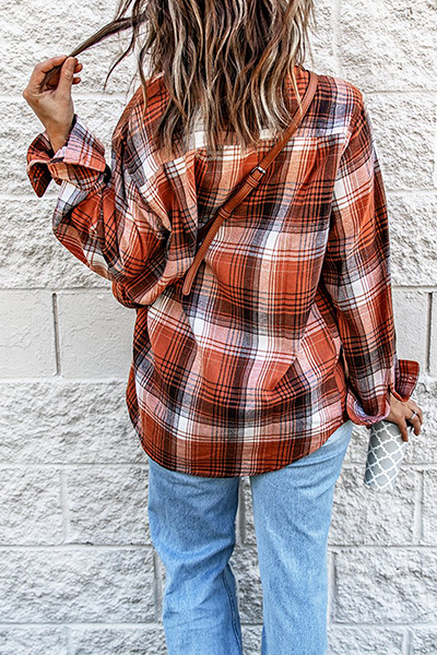 Plaid Patchwork Buckle Turndown Collar Blouses