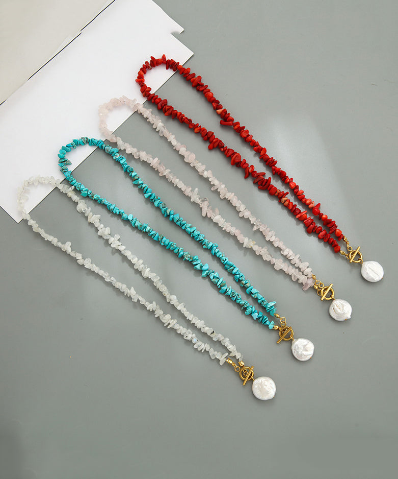 Red Alloy Pearl Asymmetrical Beading Pendant Necklace