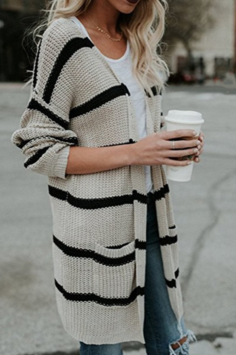 Striped Split Joint Cardigan Collar Outerwear