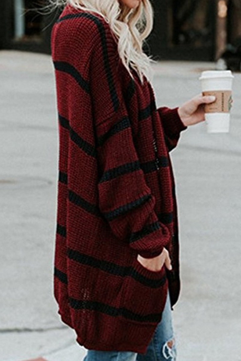Striped Split Joint Cardigan Collar Outerwear