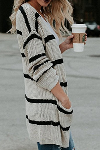 Striped Split Joint Cardigan Collar Outerwear