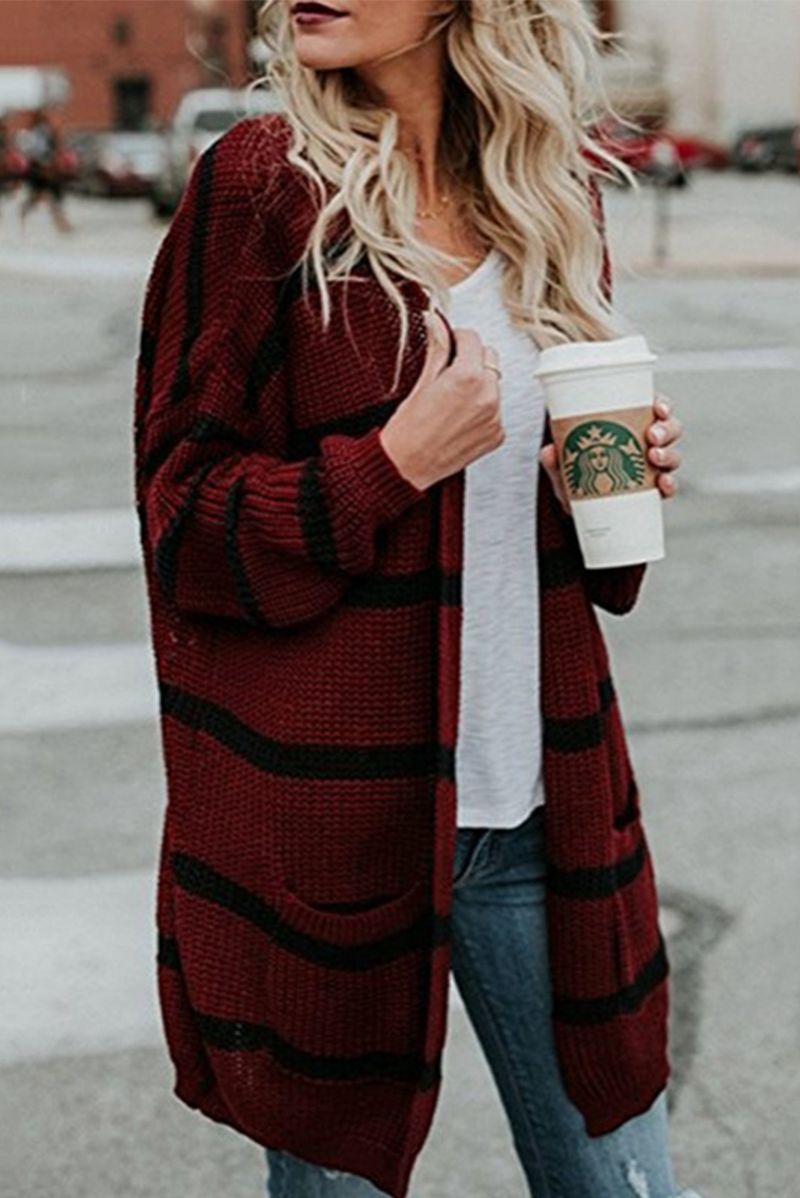 Striped Split Joint Cardigan Collar Outerwear