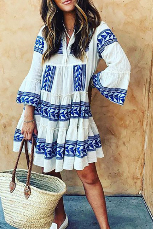 Print Split Joint V Neck Cake Skirt Dresses