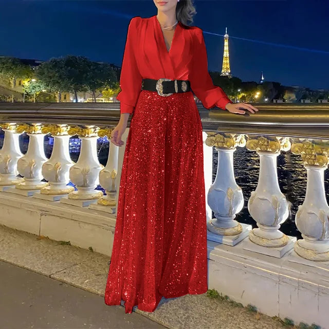 Splice Sequins Maxi Dresses for Folds Loose V Neck Dress Femme Party Evening Dresses