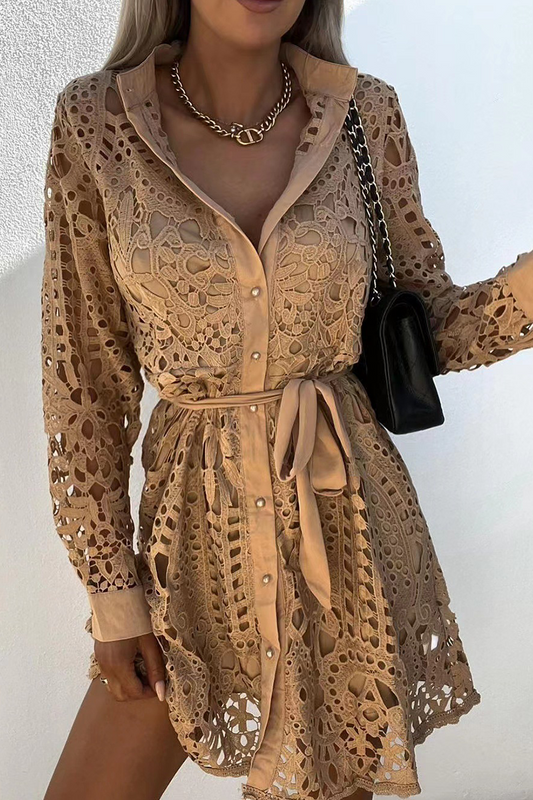 Lace Turndown Collar Waist Skirt Dresses(3 Colors)