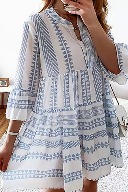 Print Split Joint V Neck Cake Skirt Dresses(4 Colors)