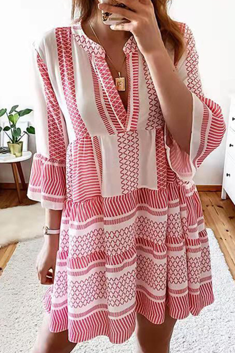 Print Patchwork V Neck Cake Skirt Dresses(4 Colors)