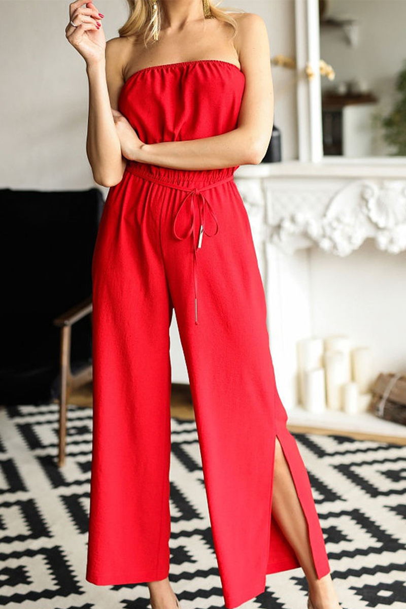 Split Joint Strapless Straight Jumpsuits