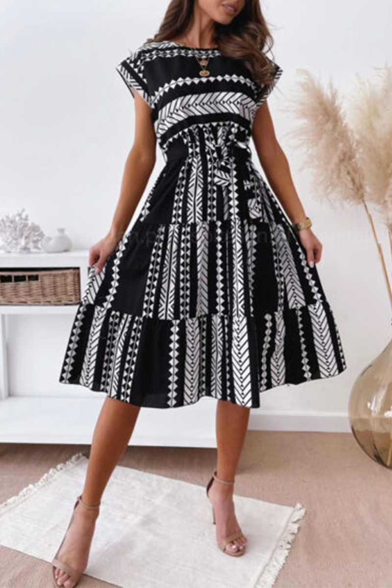 Print O Neck Waist Skirt Dresses(3 Colors)