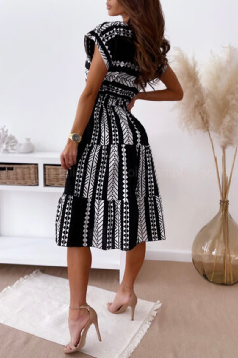 Print O Neck Waist Skirt Dresses(3 Colors)