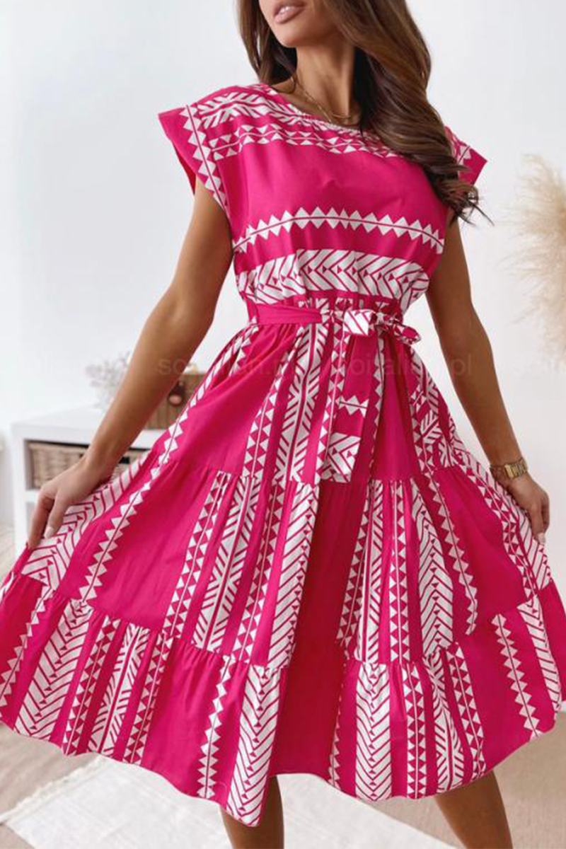 Print O Neck Waist Skirt Dresses(3 Colors)