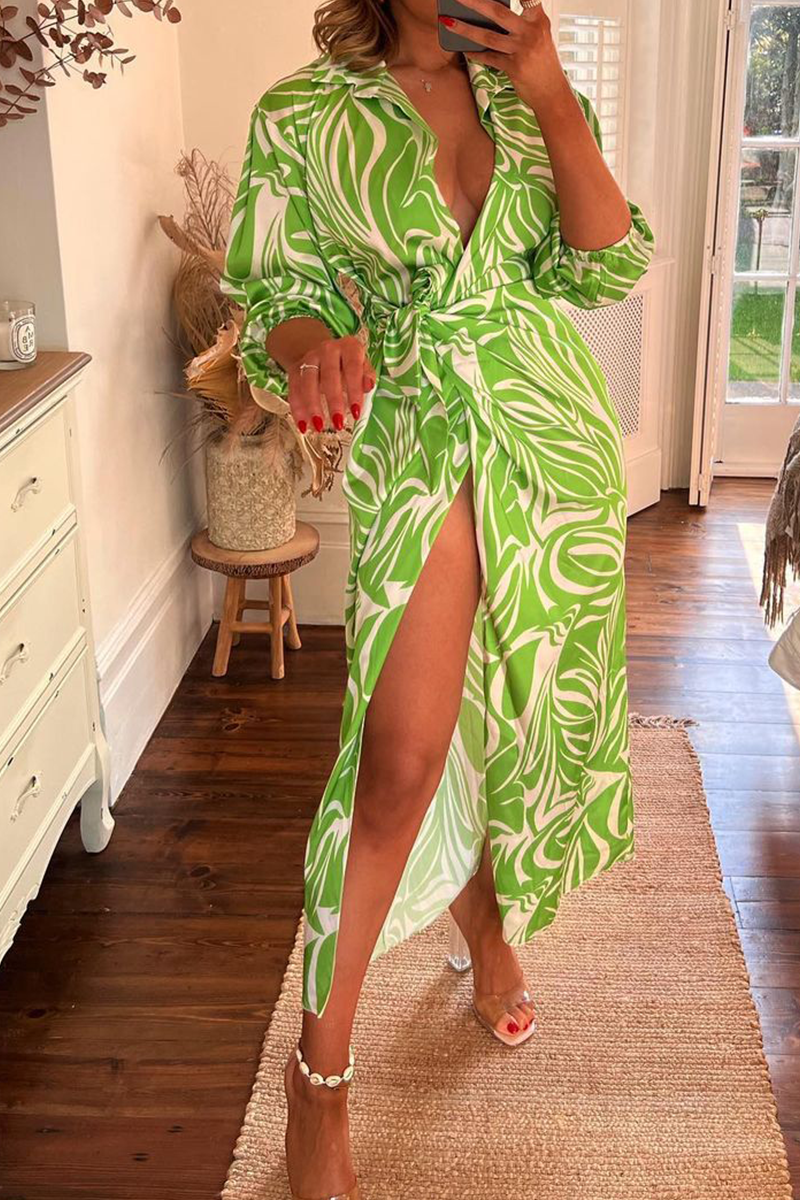 Print V Neck Waist Skirt Dresses(3 Colors)