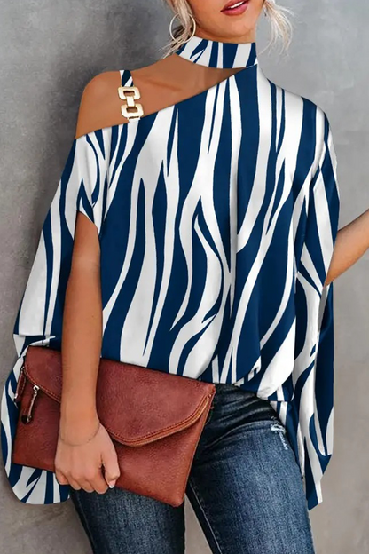 Print Patchwork One Shoulder Blouses(5 Colors)