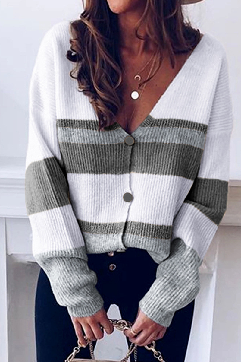 Striped Patchwork V Neck Cardigans(4 Colors)