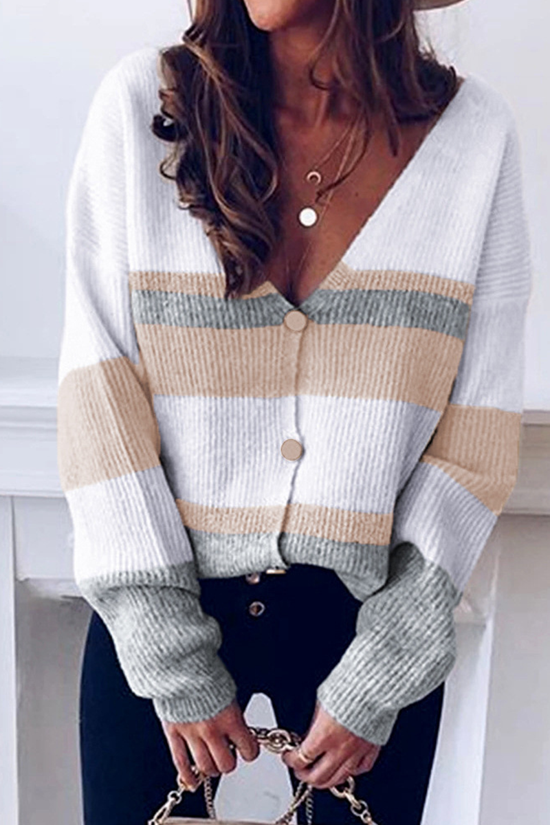 Striped Patchwork V Neck Cardigans(4 Colors)