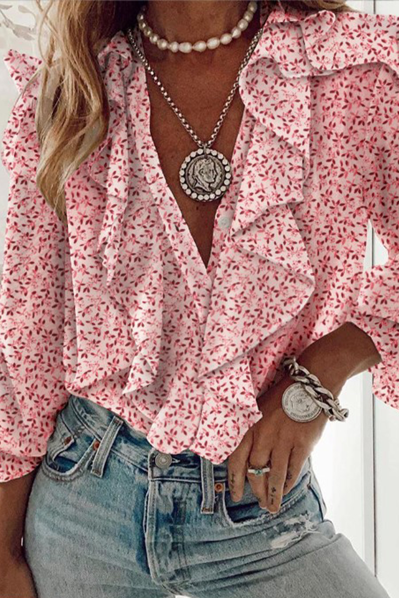 Print Flounce V Neck Blouses (3 Colors)