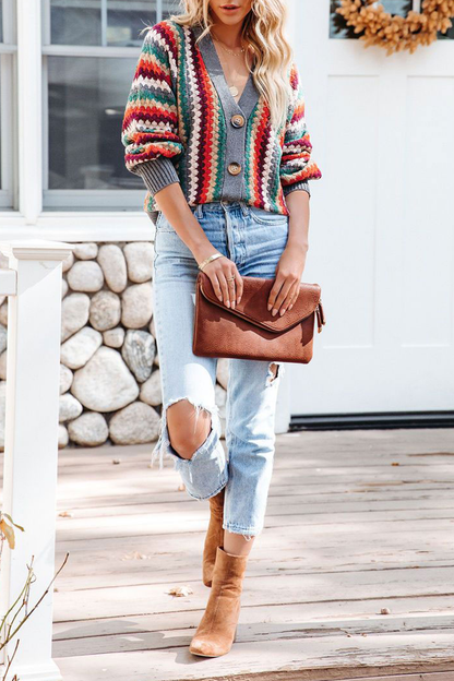 Striped Patchwork Cardigan Collar Sweater