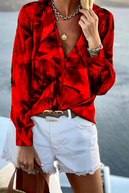 Print Patchwork Turndown Collar Blouses (4 Colors)
